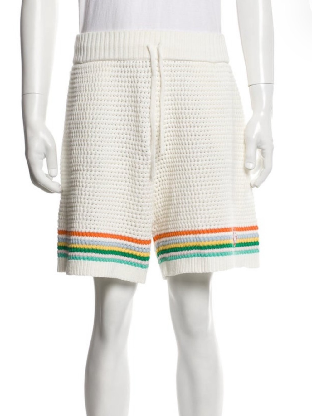 Cream Knit Swim Trunks with Green, Yellow and Orange Stripes